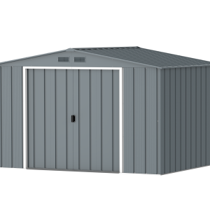 DuraMax Prime 10x8 metal storage shed in Grey Blue, angled view