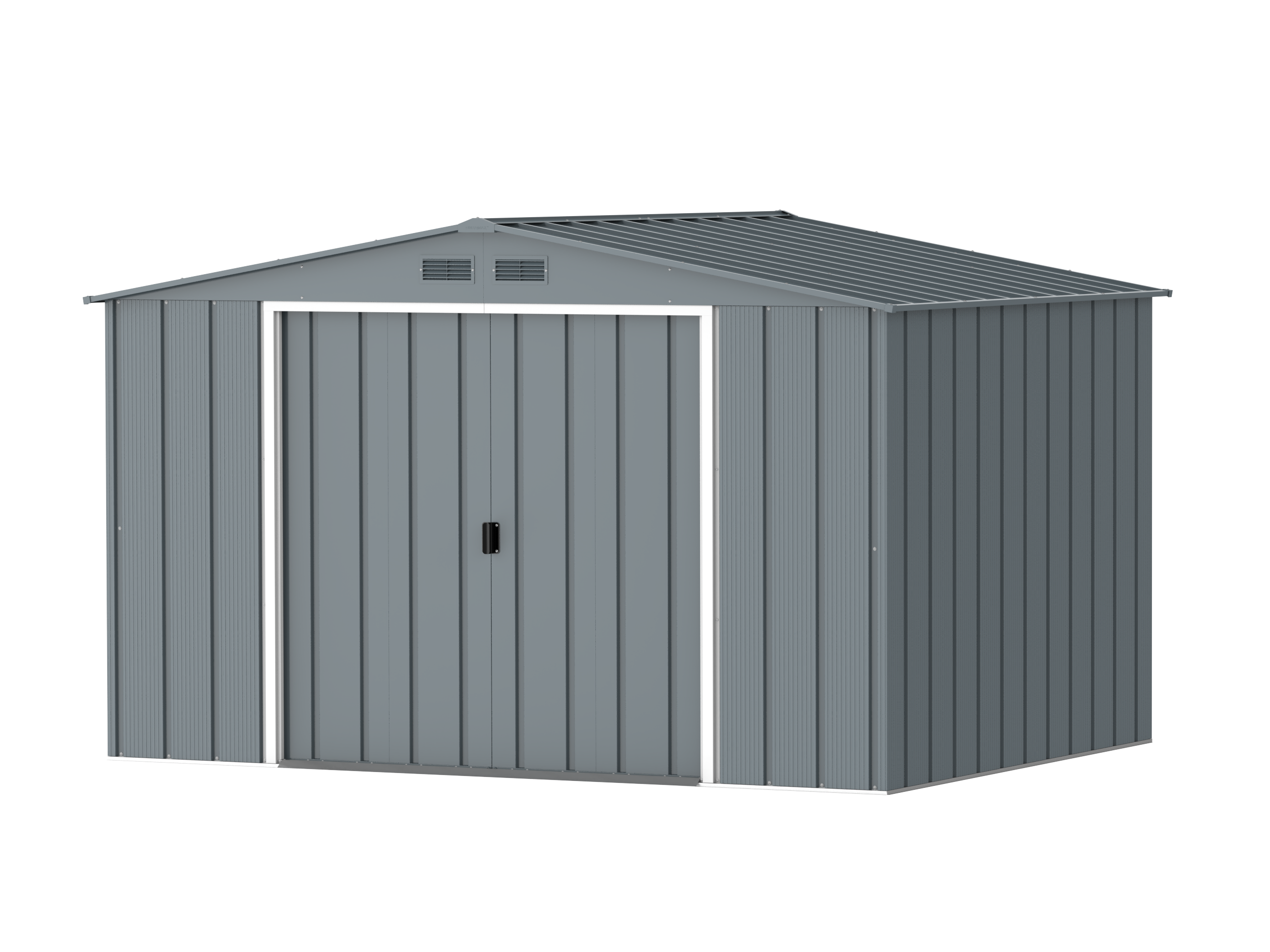 DuraMax Prime 10x8 Grey Blue metal storage shed angled view