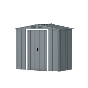 DuraMax Prime 6x4 metal storage shed in Grey Blue, angled view
