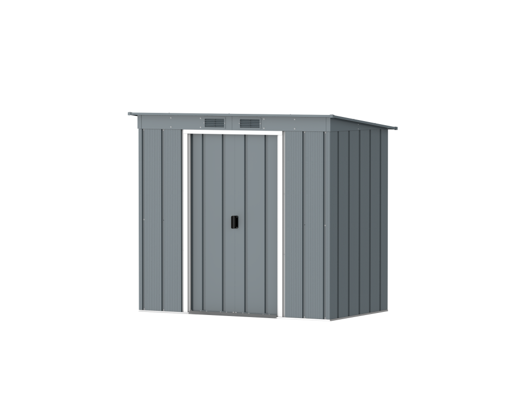 DuraMax Prime 6x4 Pent metal storage shed in Grey Blue, angled view