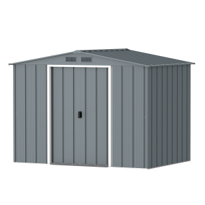 DuraMax Prime 8x6 metal storage shed in Grey Blue, angled view