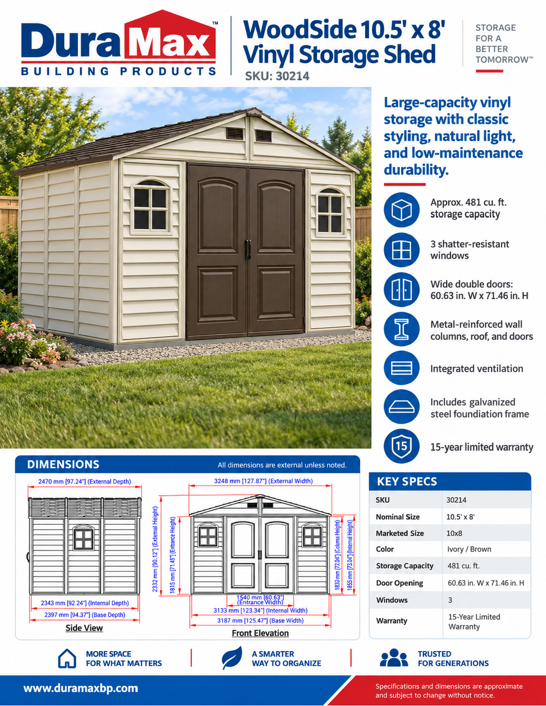 WoodSide 10.5×8 Vinyl Storage Shed brochure