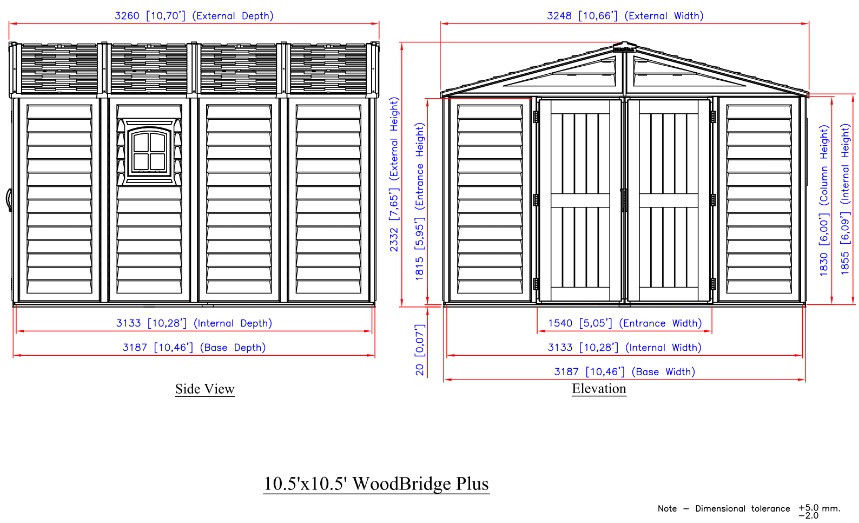 DuraMax Woodbridge Plus Vinyl Storage Shed 10.5' x 10.5' with Foundation Measurement Diagram
