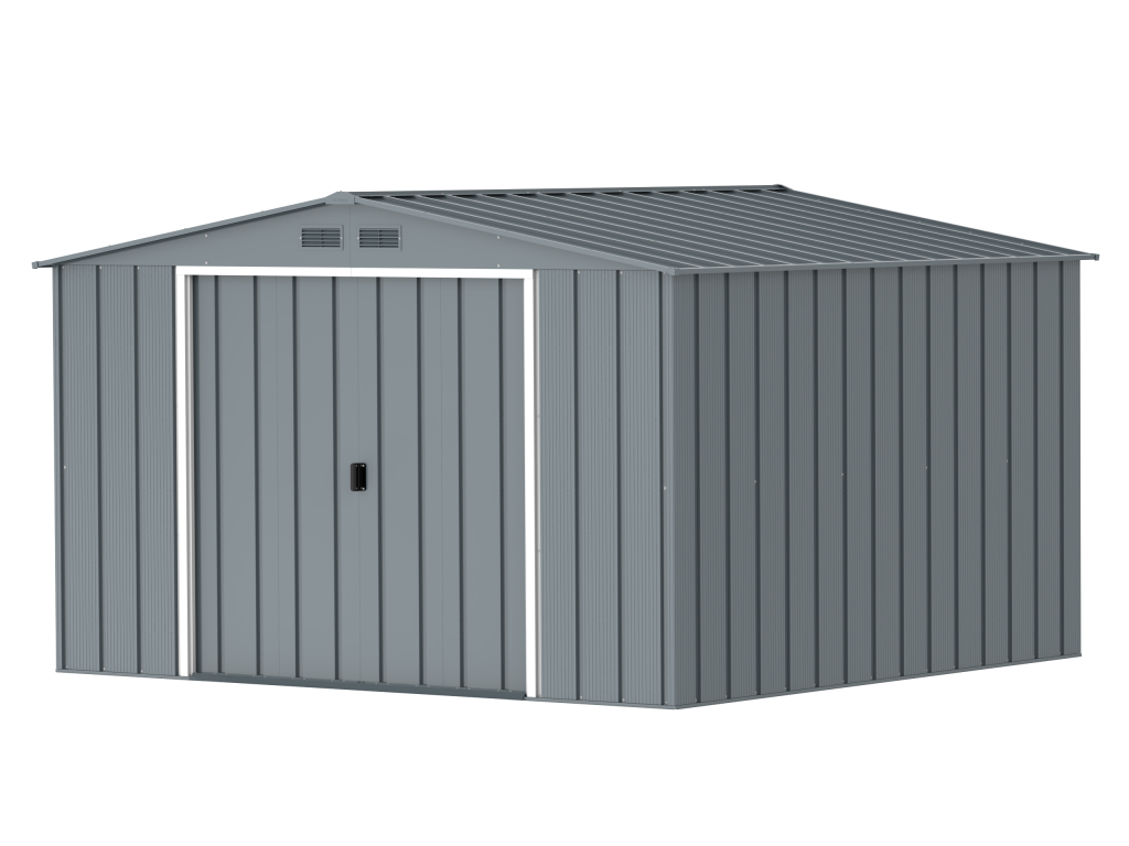 DuraMax Prime 10x10 metal storage shed in Grey Blue, angled view
