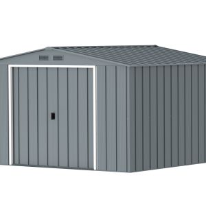 DuraMax Prime 10x10 metal storage shed in Grey Blue, angled view