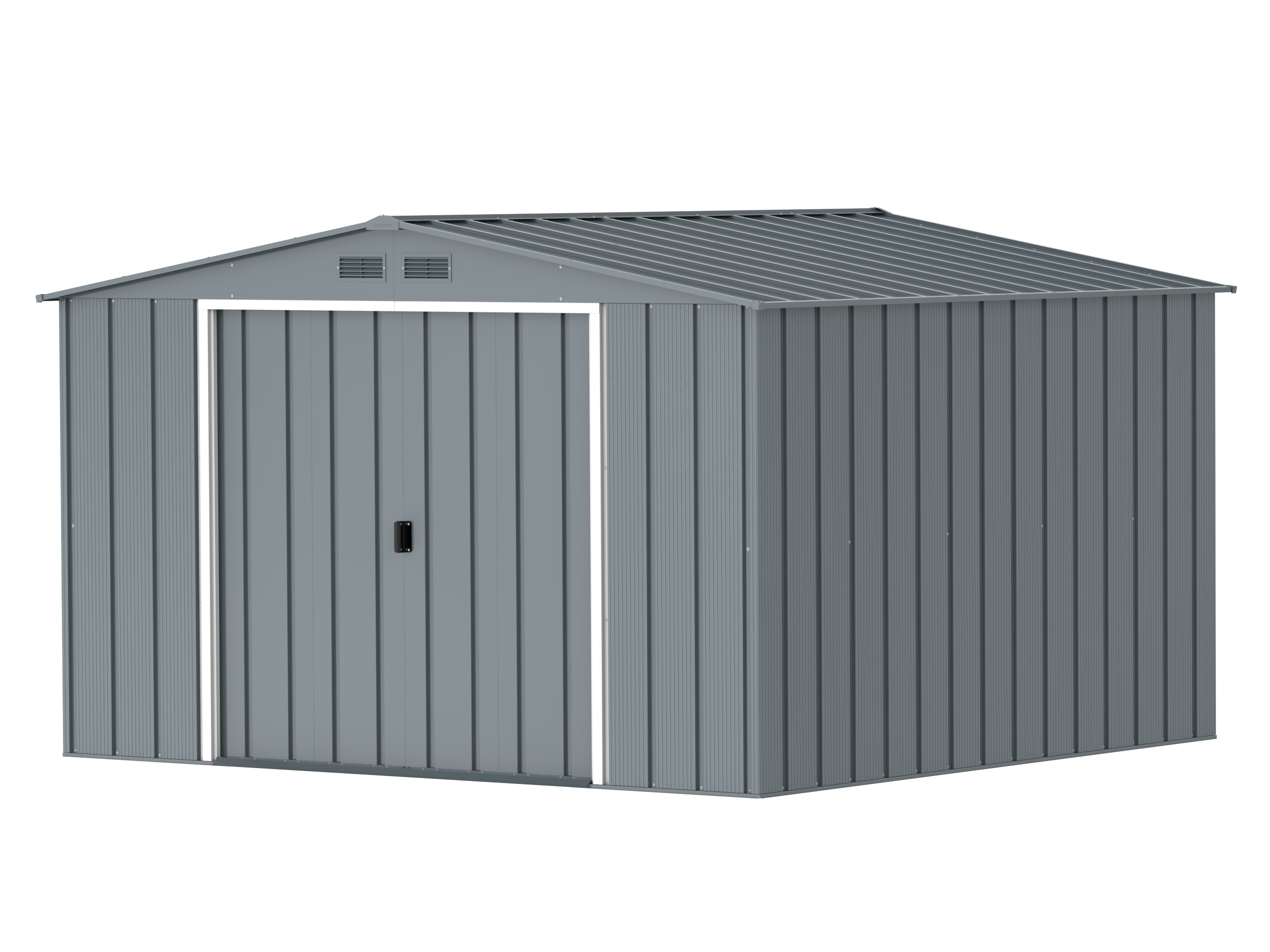 DuraMax Prime 10x10 Grey Blue metal storage shed angled view