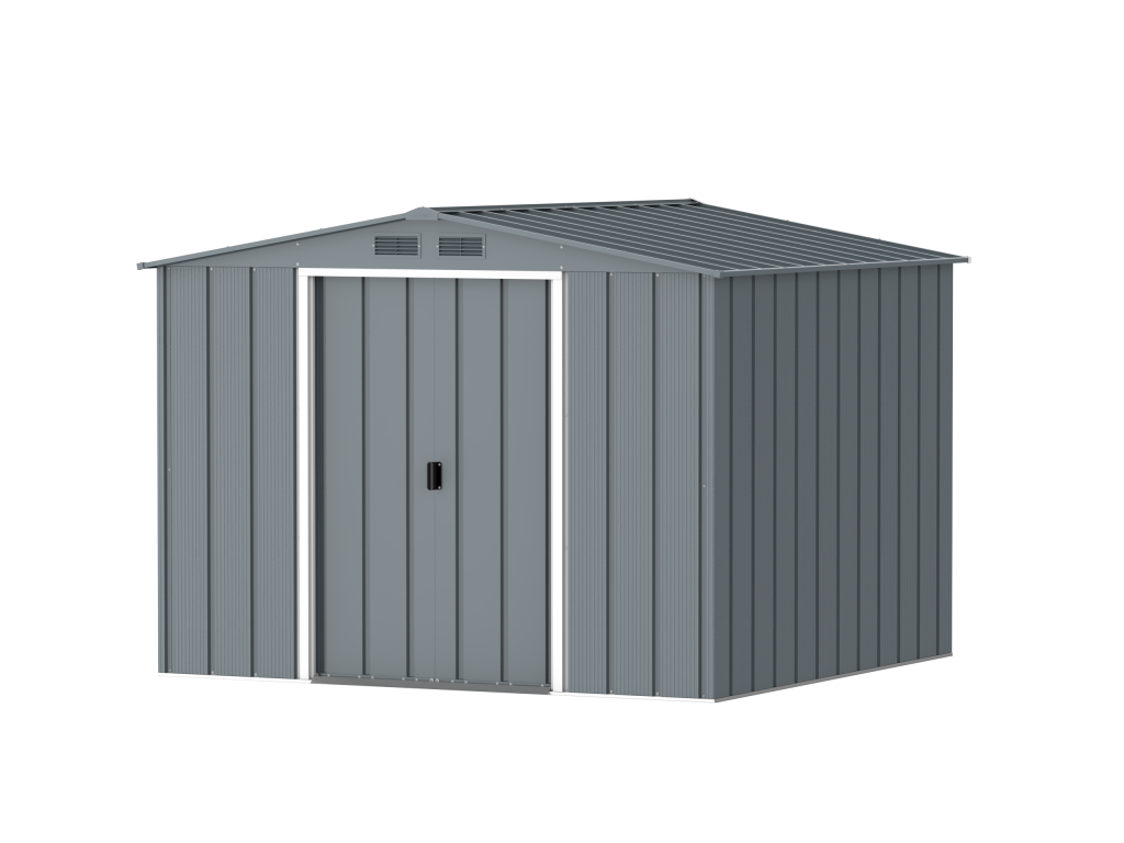 DuraMax Prime 8x8 metal storage shed in Grey Blue, angled view