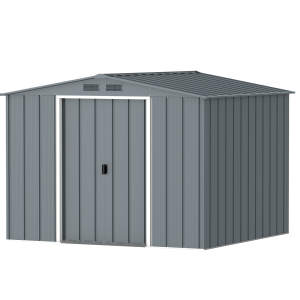 DuraMax Prime 8x8 metal storage shed in Grey Blue, angled view