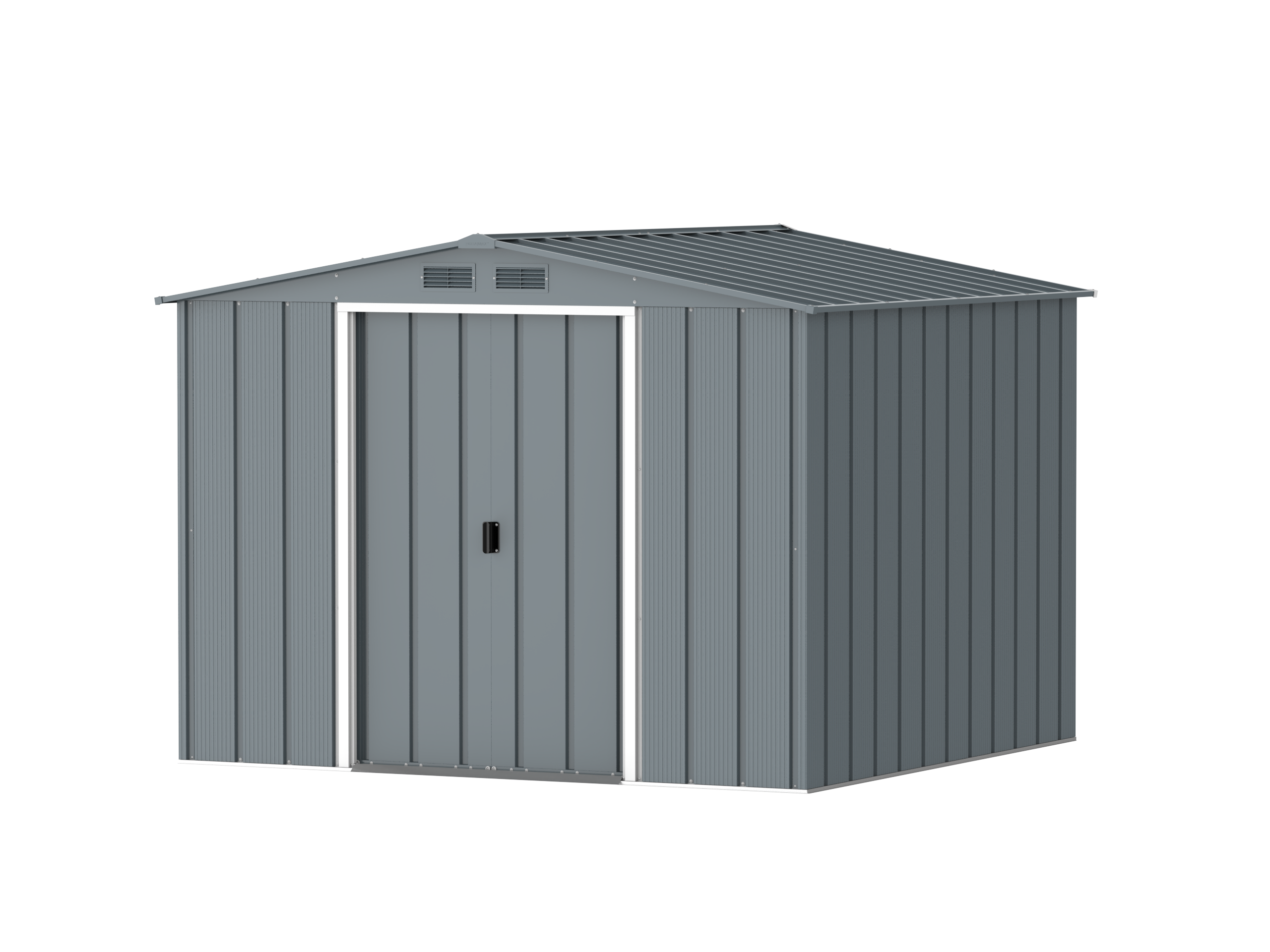 DuraMax Prime 8x8 Grey Blue metal storage shed angled view