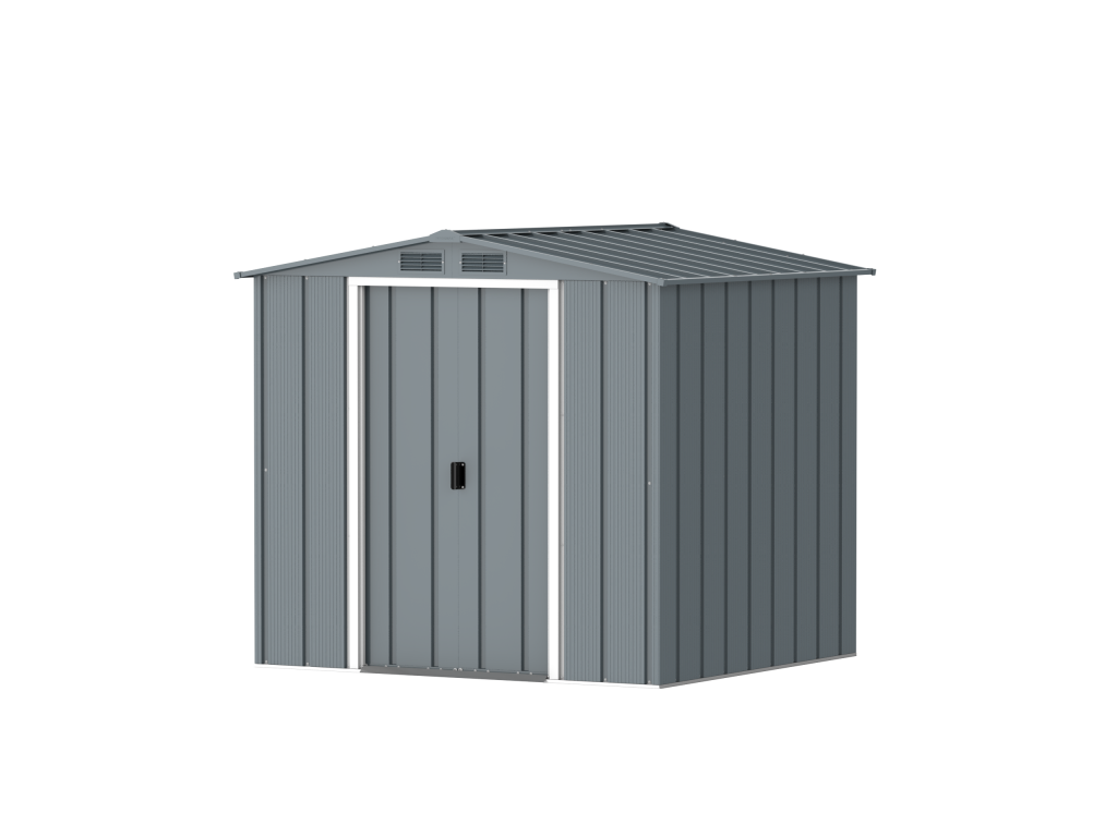 DuraMax Prime 6x6 metal storage shed in Grey Blue, angled view