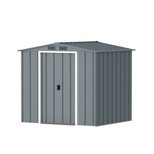 DuraMax Prime 6x6 metal storage shed in Grey Blue, angled view
