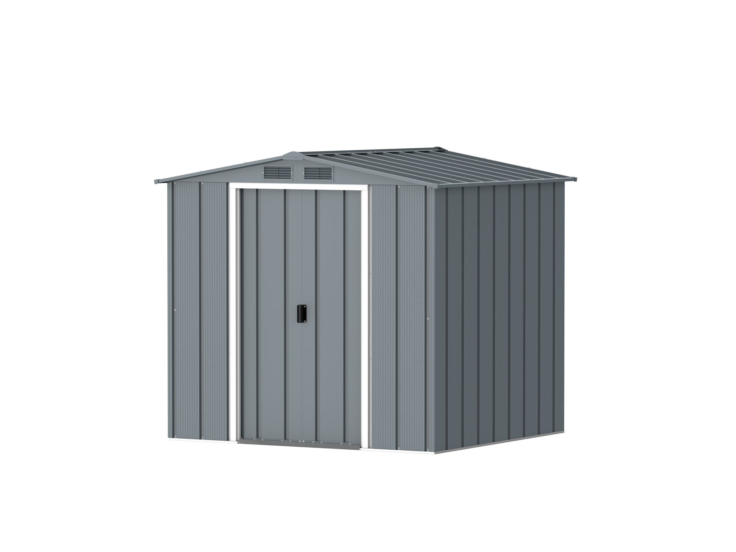 DuraMax Prime 6x6 Grey Blue metal storage shed angled view