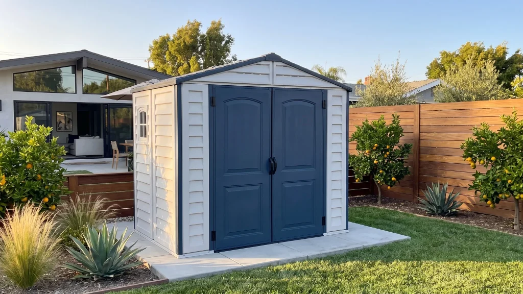 Front view of Duramax Ridgeline 8x6 vinyl storage shed in a residential backyard