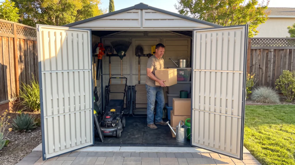 Duramax Ridgeline 8x6 vinyl shed with wide double-door access for outdoor storage