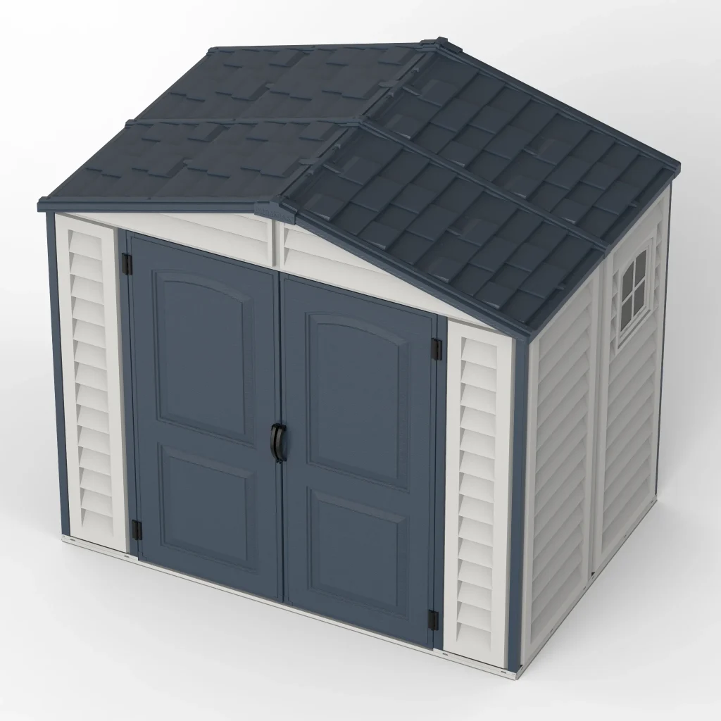 Elevated view of Duramax Ridgeline 8x6 shed showing Dark Grey shingle-style roof