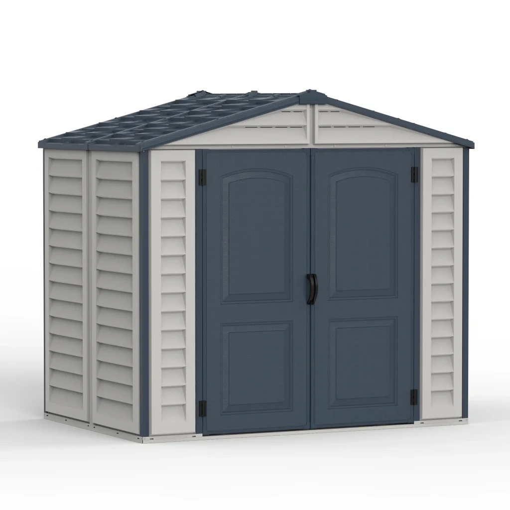 Duramax Ridgeline 8x6 vinyl storage shed alternate front three-quarter view