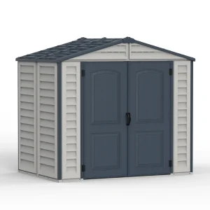 Duramax Ridgeline 8x6 vinyl storage shed alternate front three-quarter view