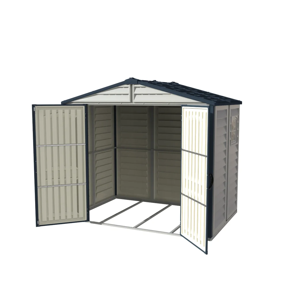 Duramax Ridgeline 8x6 vinyl storage shed with wide double doors open