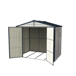 Duramax Ridgeline 8x6 vinyl storage shed with wide double doors open