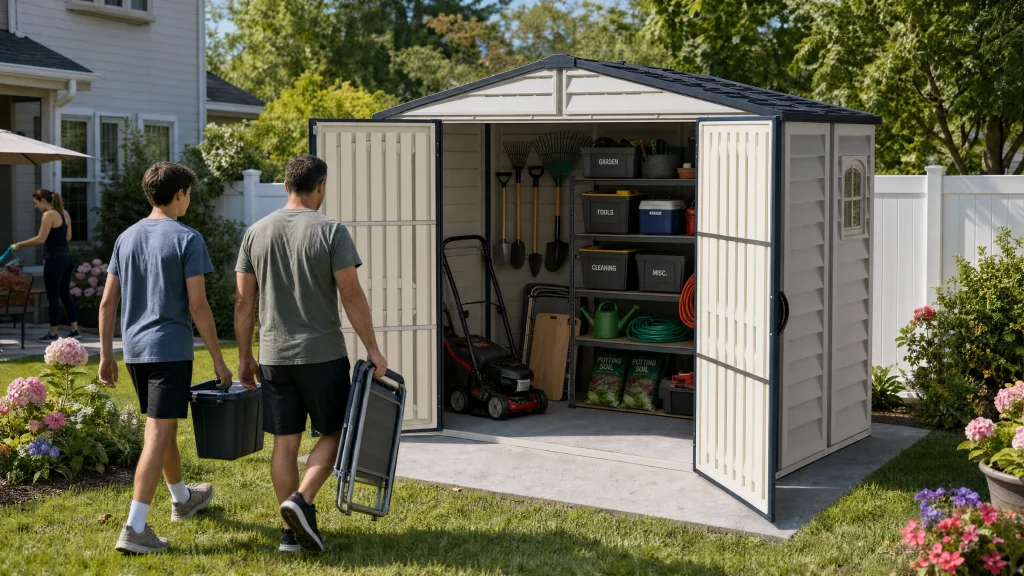 Duramax Ridgeline 8x6 vinyl storage shed with organized outdoor equipment storage