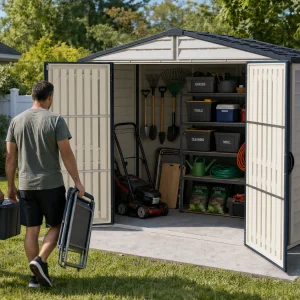 Duramax Ridgeline 8x6 vinyl storage shed with organized outdoor equipment storage