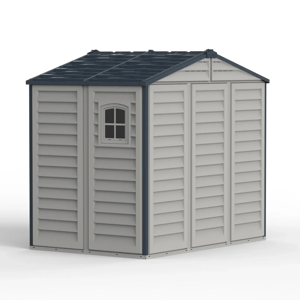 Duramax Ridgeline 8x6 vinyl storage shed rear three-quarter view with fixed window
