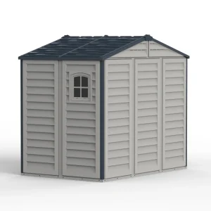 Duramax Ridgeline 8x6 vinyl storage shed rear three-quarter view with fixed window