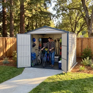 Duramax Ridgeline 8x8 storage shed used for bicycle and outdoor equipment storage