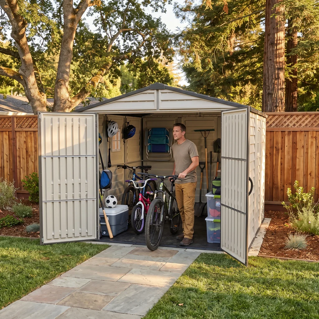 Duramax Ridgeline 8x8 backyard shed with bicycles and organized outdoor storage