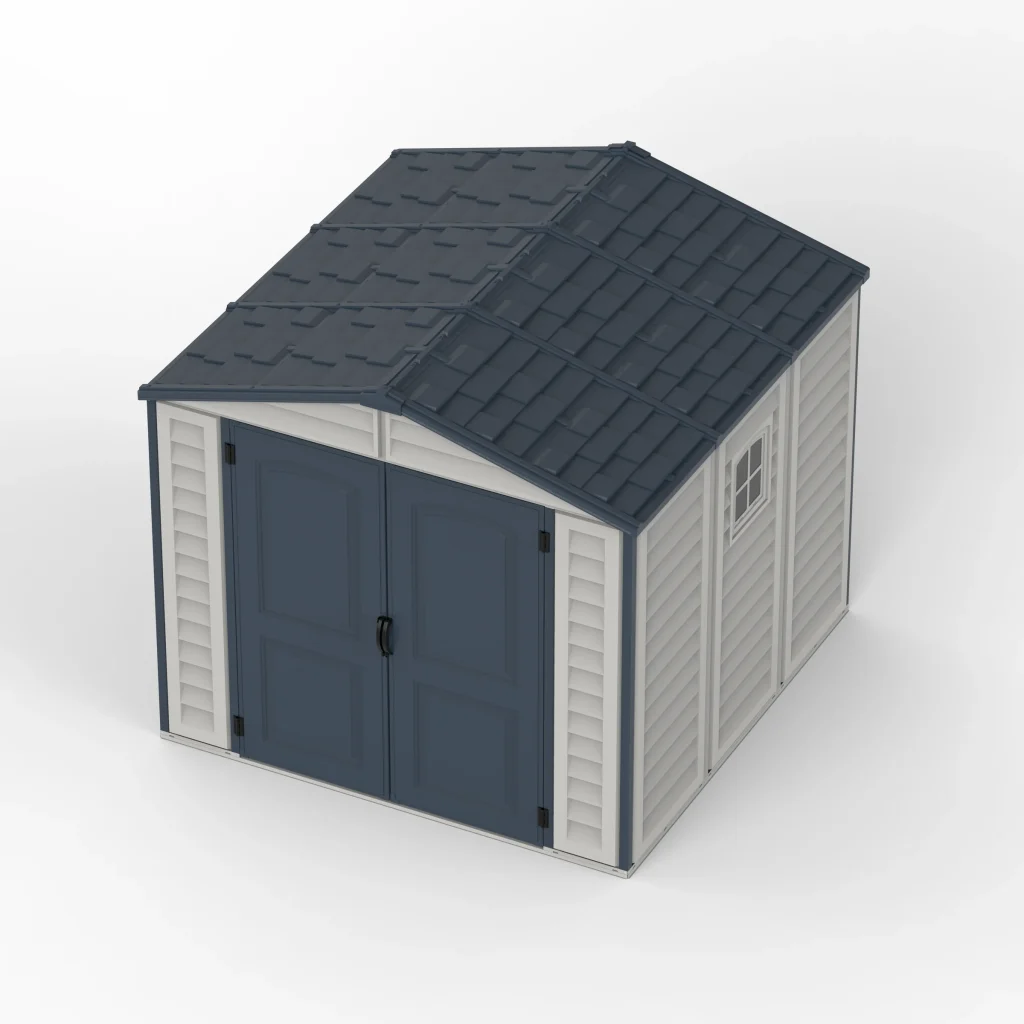 Duramax Ridgeline 8x8 storage shed elevated view showing pitched shingle-style roof