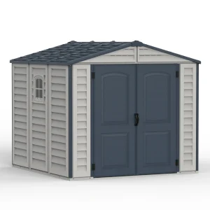 Duramax Ridgeline 8x8 vinyl shed alternate front three-quarter exterior view
