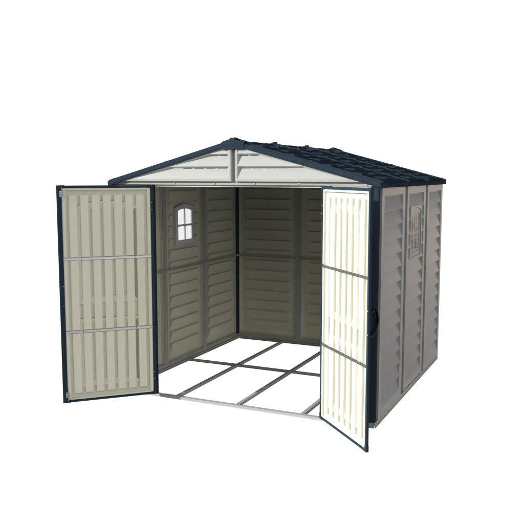 Duramax Ridgeline 8x8 vinyl storage shed with wide double doors open