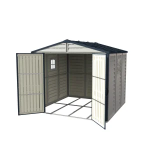 Duramax Ridgeline 8x8 vinyl storage shed with wide double doors open