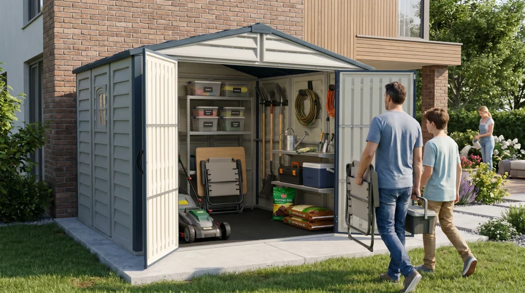 Duramax Ridgeline 8x8 outdoor storage shed with organized backyard storage and wide access
