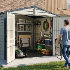 Duramax Ridgeline 8x8 outdoor storage shed with organized backyard storage and wide access