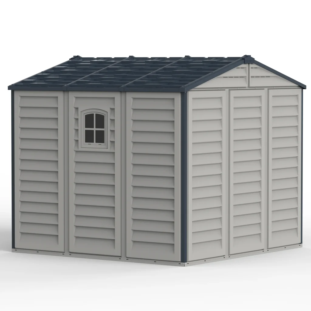 Duramax Ridgeline 8x8 vinyl storage shed rear three-quarter view showing fixed window