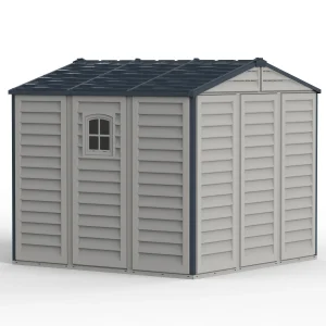 Duramax Ridgeline 8x8 vinyl storage shed rear three-quarter view showing fixed window