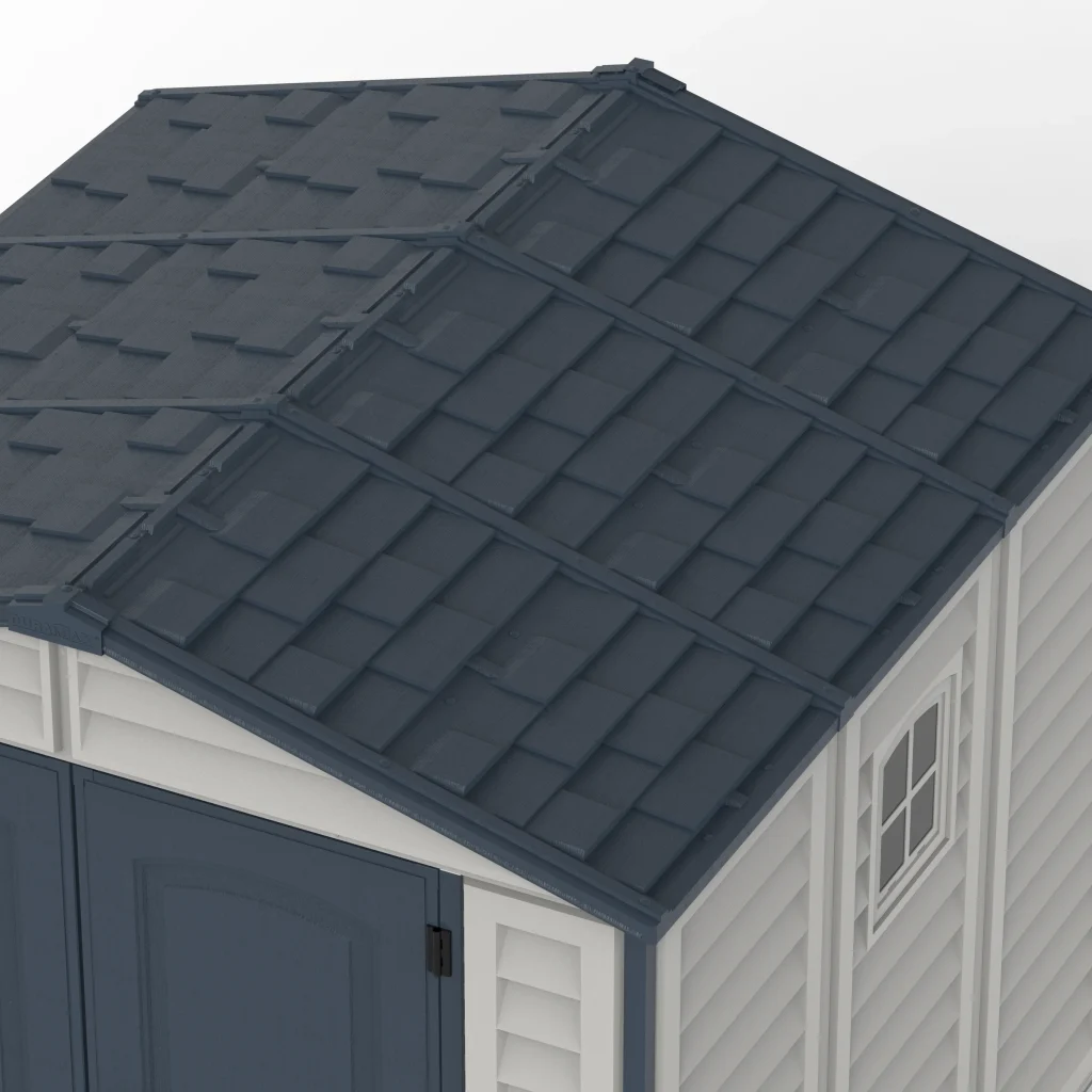 Duramax Ridgeline 8x8 vinyl storage shed Dark Grey roof detail