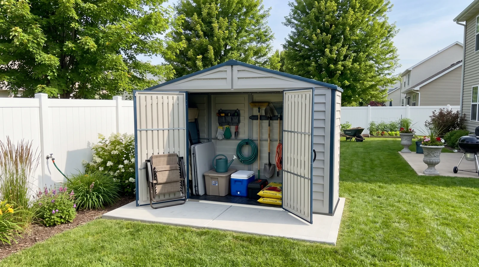 RidgeLine 10.5' x 3' shed open on a concrete pad with gardening tools and outdoor supplies inside
