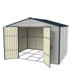 Duramax RidgeLine 10.5' x 8' vinyl storage shed with both double doors open showing the interior
