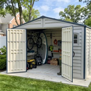 Duramax RidgeLine 10.5' x 8' vinyl storage shed beside a home in a landscaped backyard