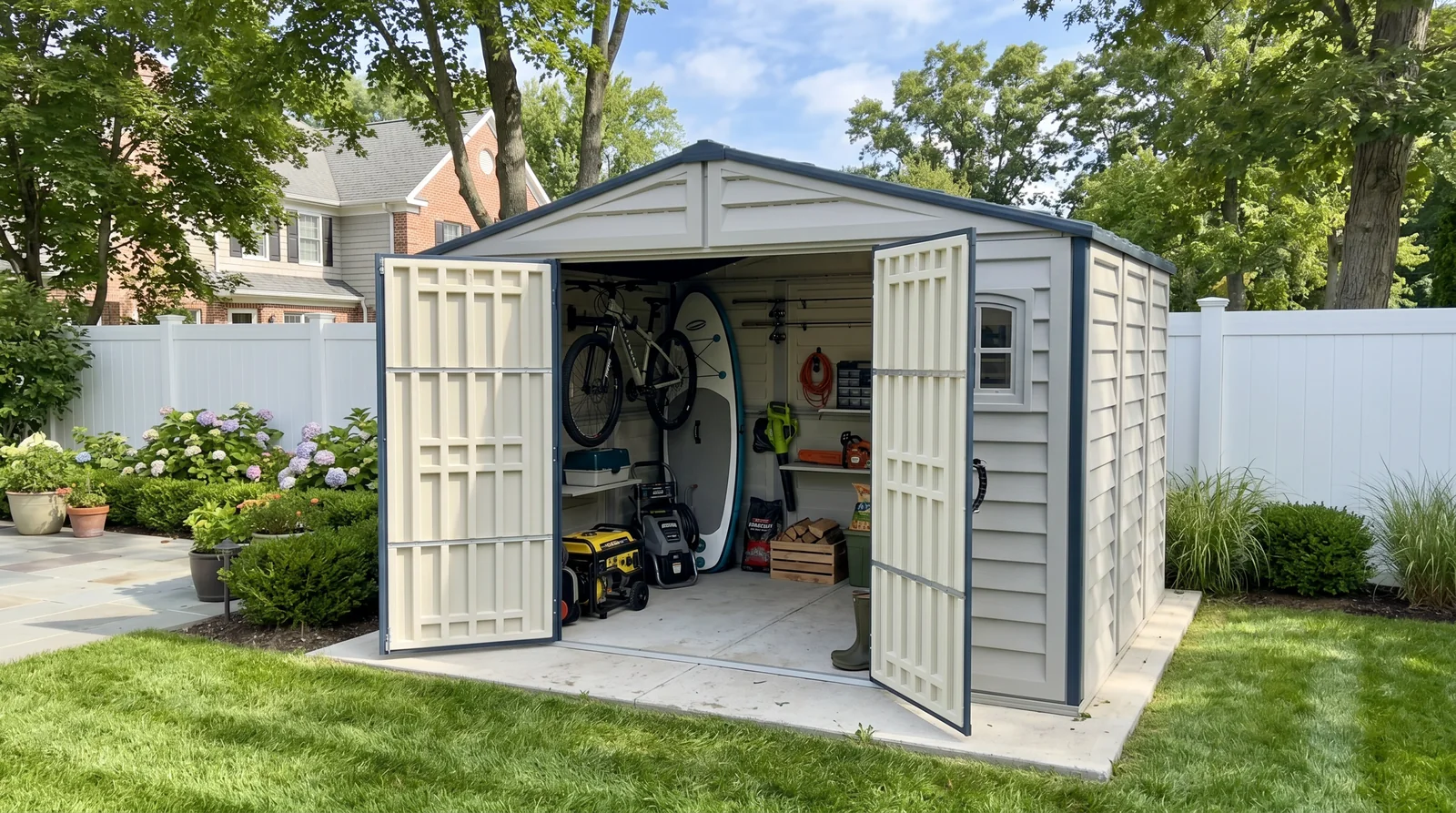 Duramax RidgeLine 10.5' x 8' vinyl storage shed beside a home in a landscaped backyard