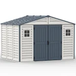 Duramax RidgeLine 10.5' x 8' vinyl storage shed shown from the opposite front angle with closed double doors