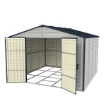 Duramax RidgeLine 10.5 x 10.5 vinyl storage shed with both double doors open