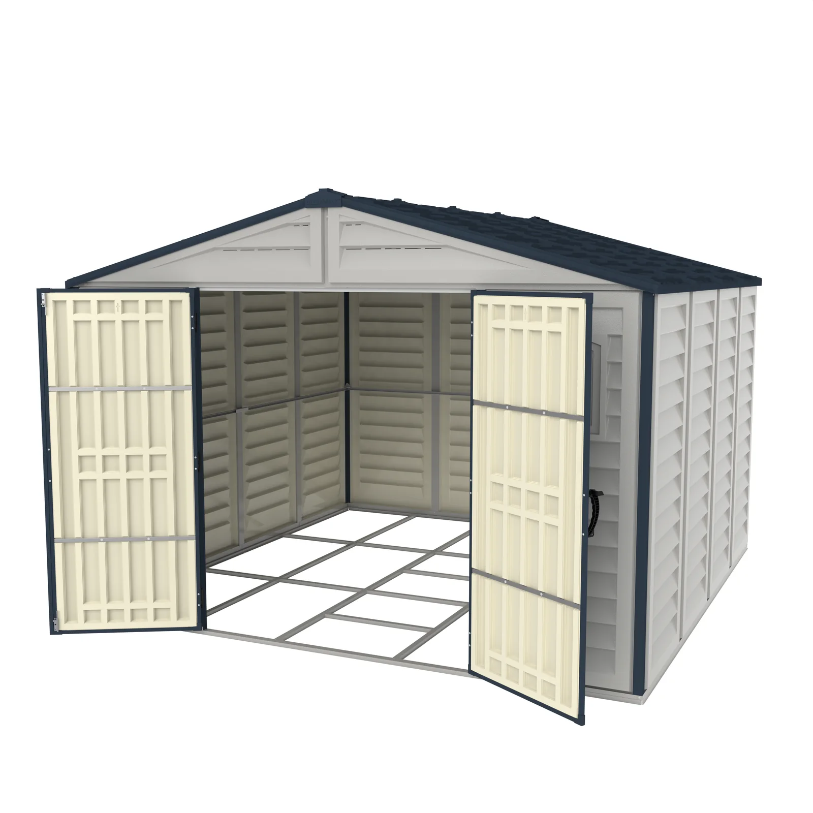Duramax RidgeLine 10.5 x 10.5 vinyl storage shed with both double doors open