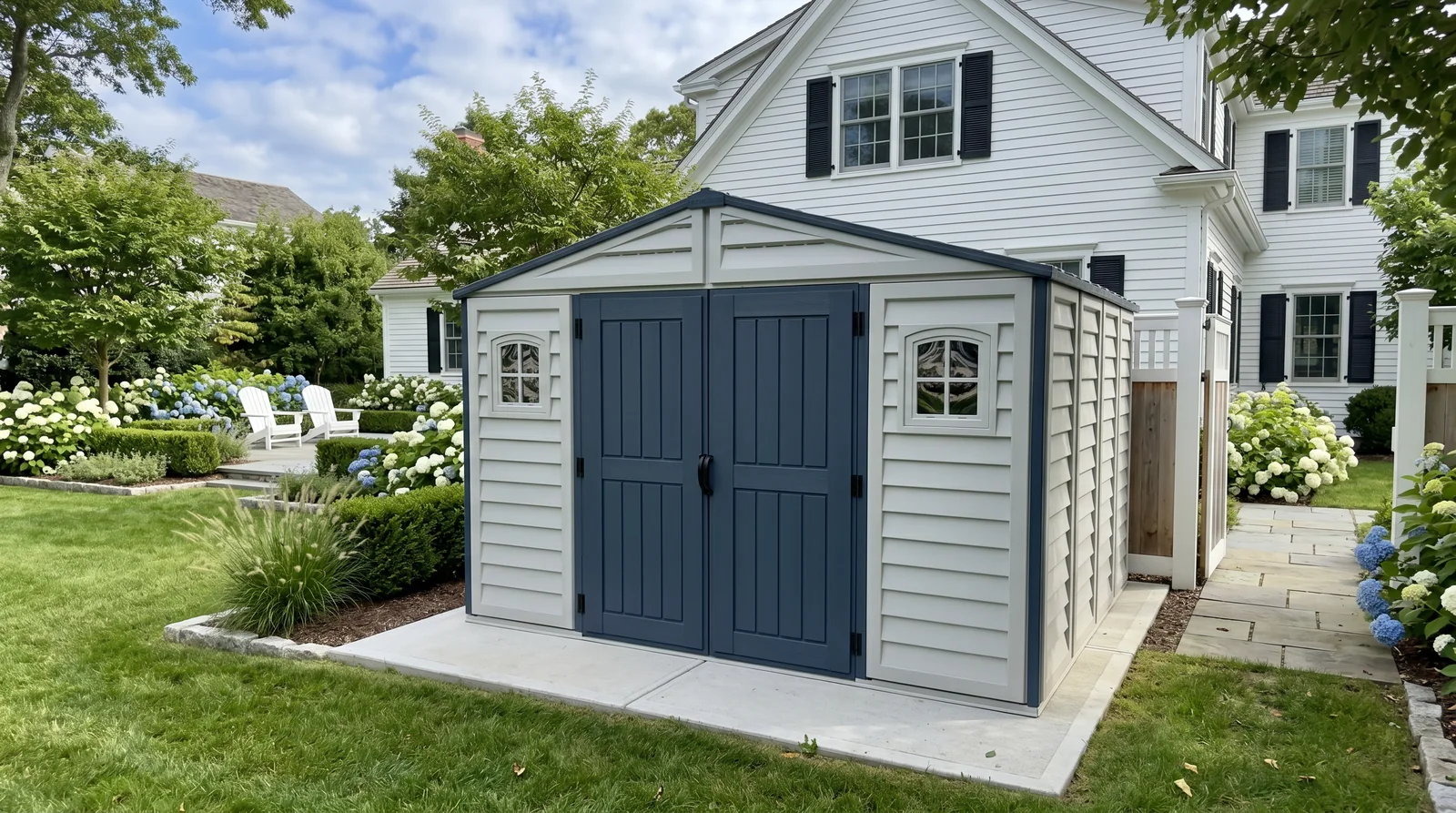 Duramax RidgeLine 10.5 x 10.5 vinyl storage shed installed beside a home in a landscaped backyard