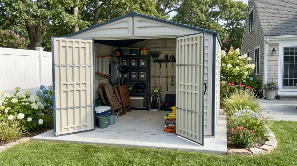 RidgeLine 10.5 x 10.5 shed with double doors open showing organized lawn and outdoor gear storage