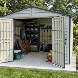 RidgeLine 10.5 x 10.5 shed with double doors open showing organized lawn and outdoor gear storage