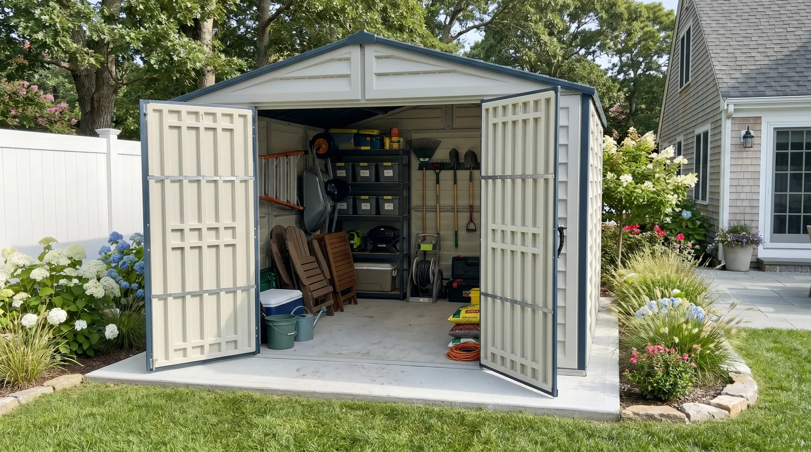 RidgeLine 10.5 x 10.5 shed with double doors open showing organized lawn and outdoor gear storage