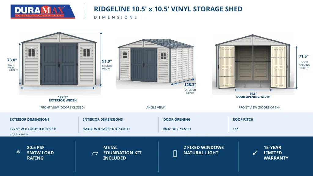 RidgeLine 10.5 x 10.5 dimensions graphic showing exterior size, interior height, interior size, door opening and roof pitch